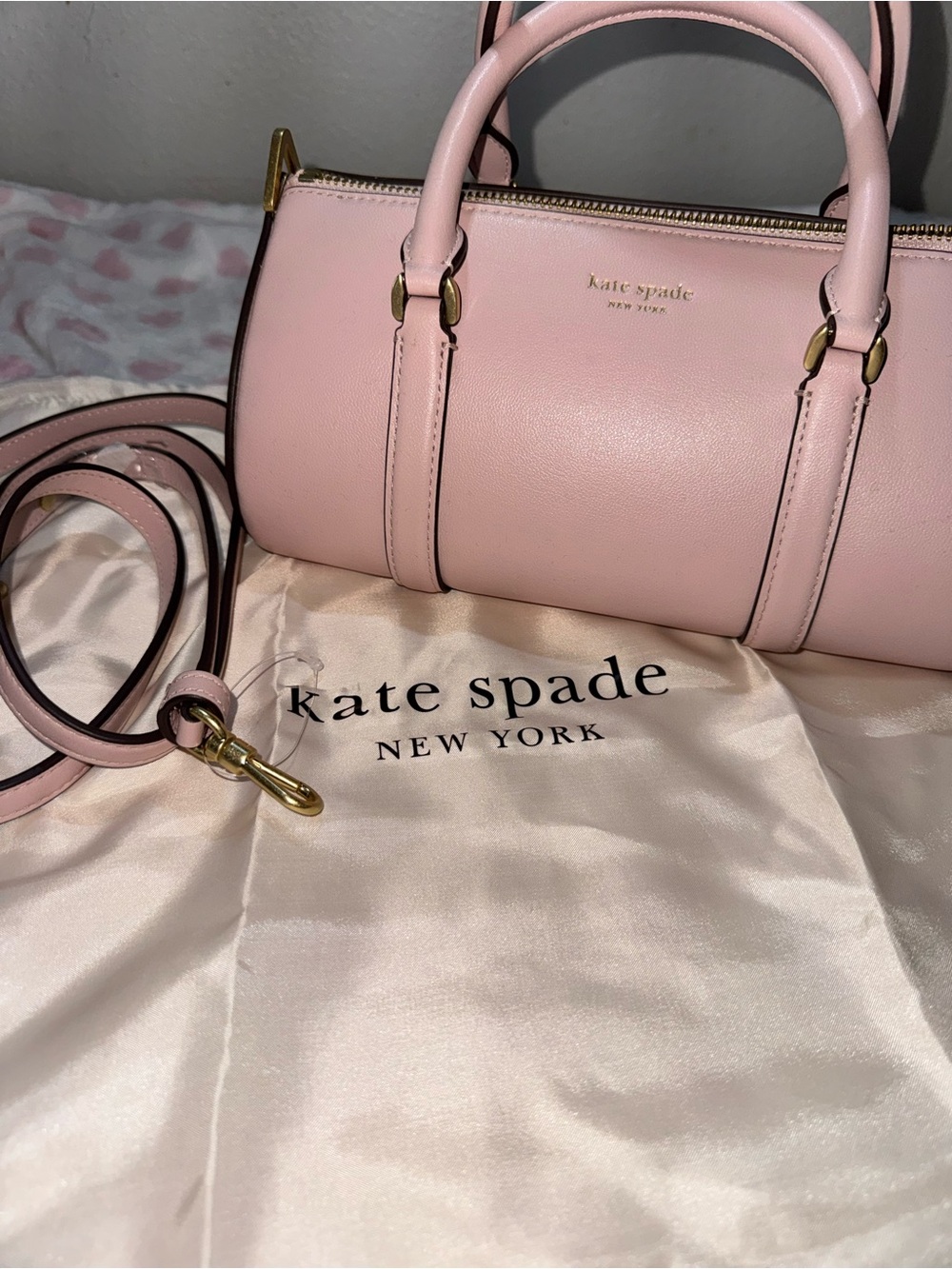 kate spade rose smoke icon fine grain leather barrel bag NWT
